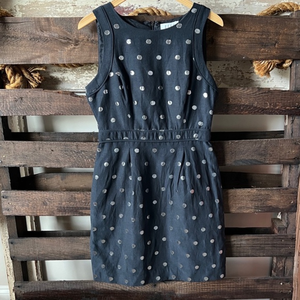 🟠ELLE Sleeveless Dress in Black with Silver Polka Dots Sz 6
